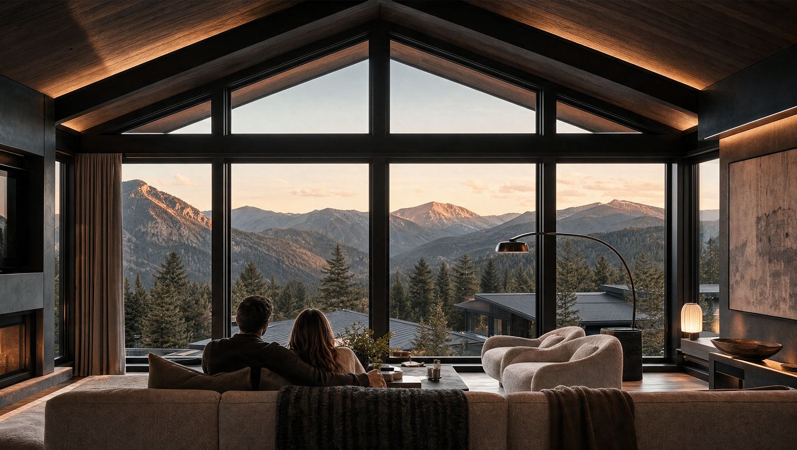 интерьер: панорамное остекление во всю стену, вид на хребет, тёплый свет